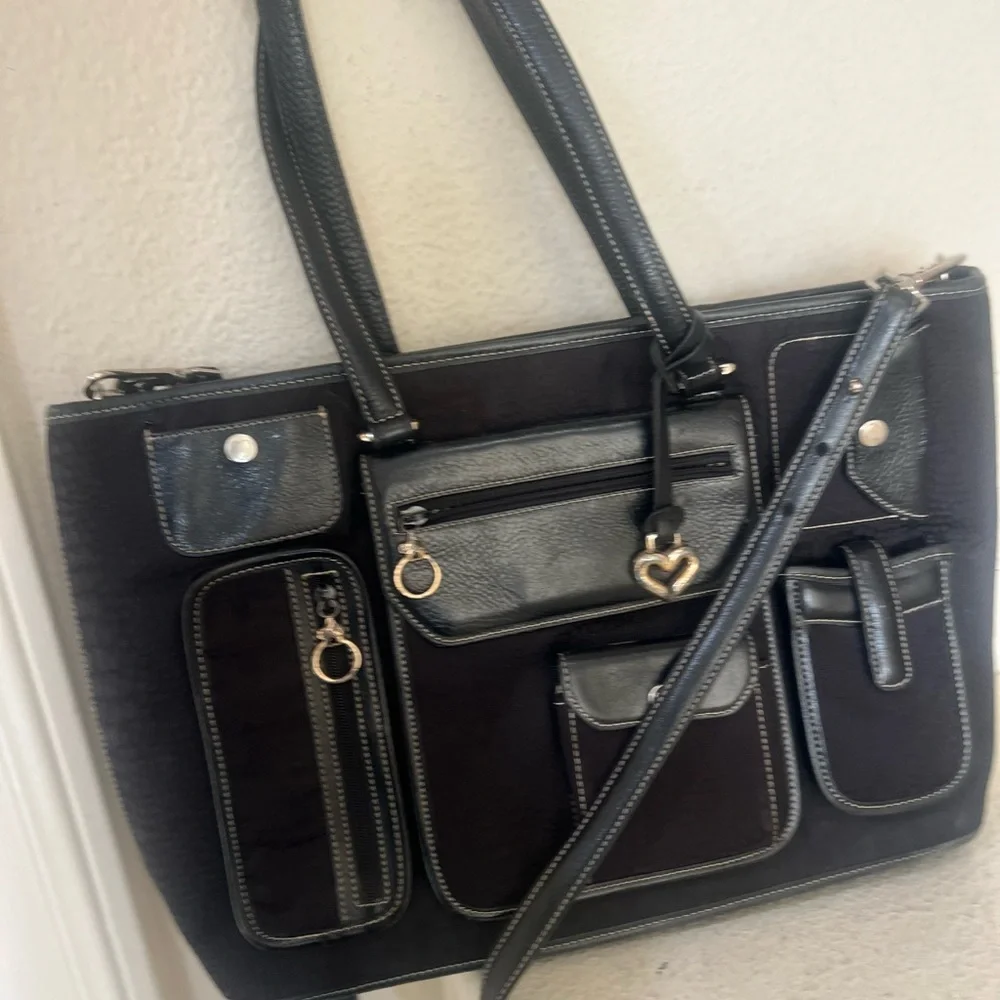 Brighton for Business Black Multi Pocket Canvas and Leather Laptop Tote Bag